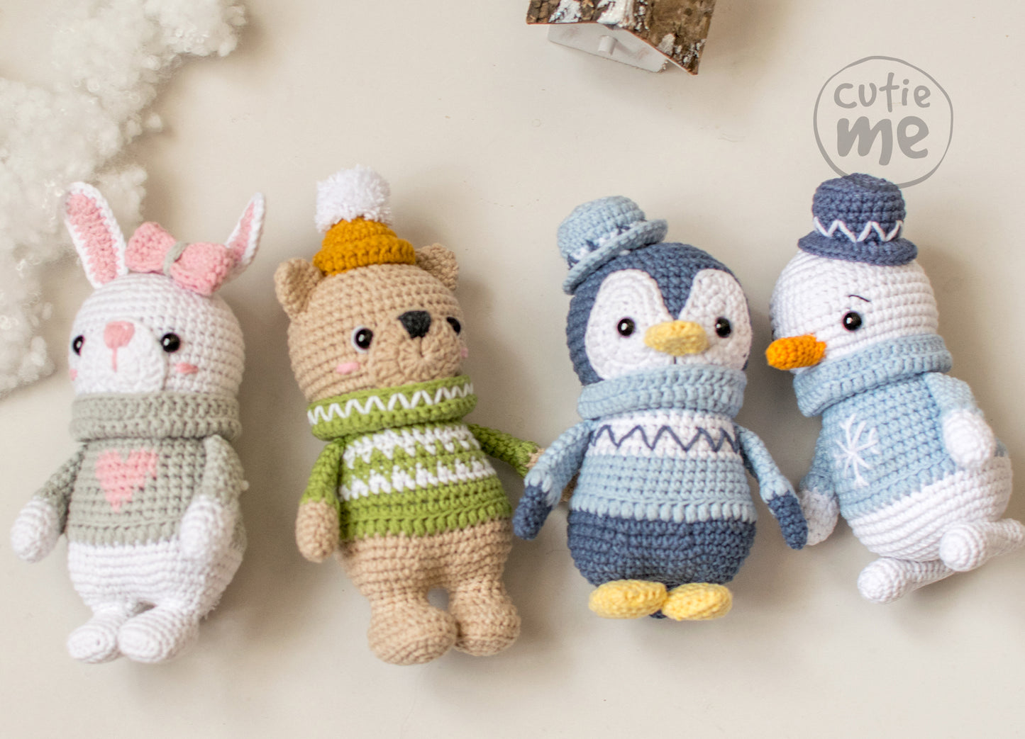 Set of 4 toys, Bear, Bunny, Penguin and Snowman Christmas amigurumi crochet toy pattern pdf