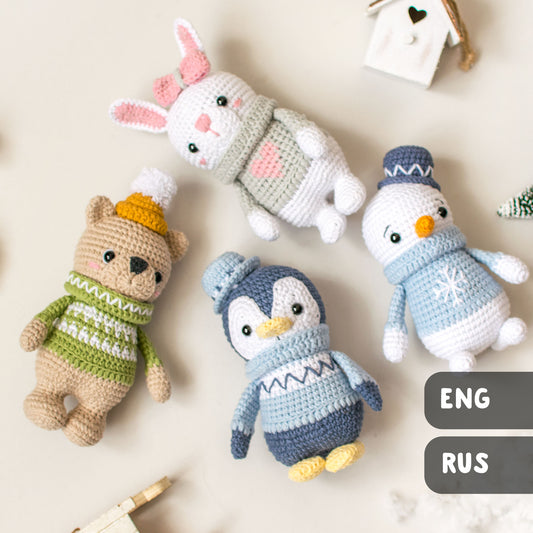 Set of 4 toys, Bear, Bunny, Penguin and Snowman Christmas amigurumi crochet toy pattern pdf