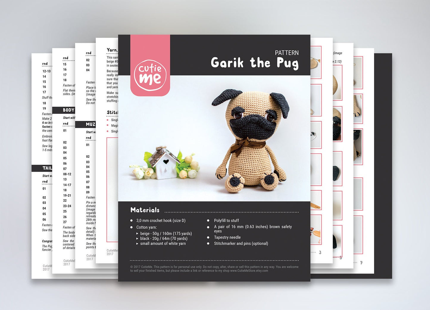 Garik the Pug amigurumi crochet toy pattern pdf