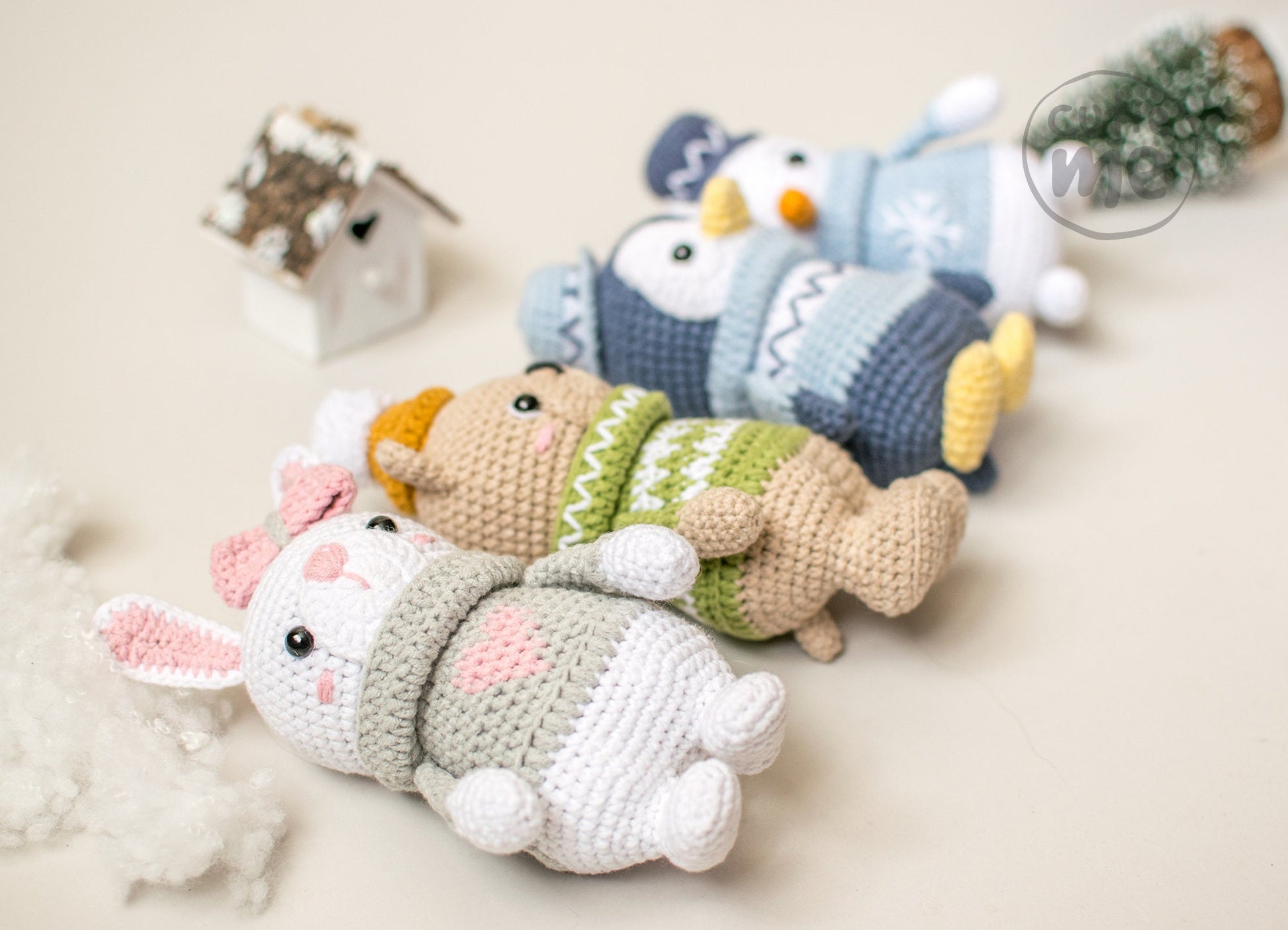 Set of 4 toys, Bear, Bunny, Penguin and Snowman Christmas amigurumi crochet toy pattern pdf