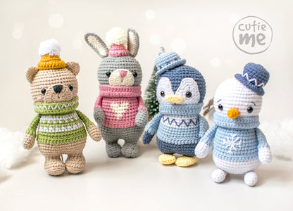 Set of 4 toys, Bear, Bunny, Penguin and Snowman Christmas amigurumi crochet toy pattern pdf