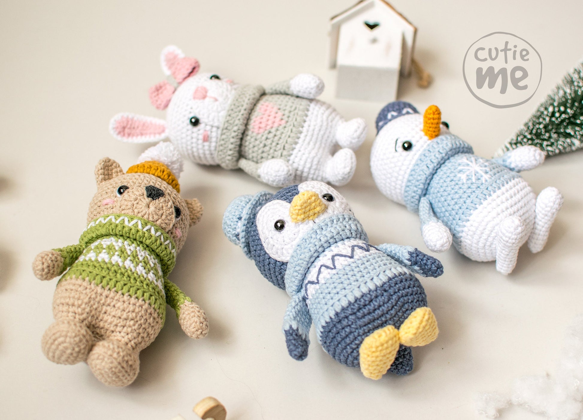 Set of 4 toys, Bear, Bunny, Penguin and Snowman Christmas amigurumi crochet toy pattern pdf