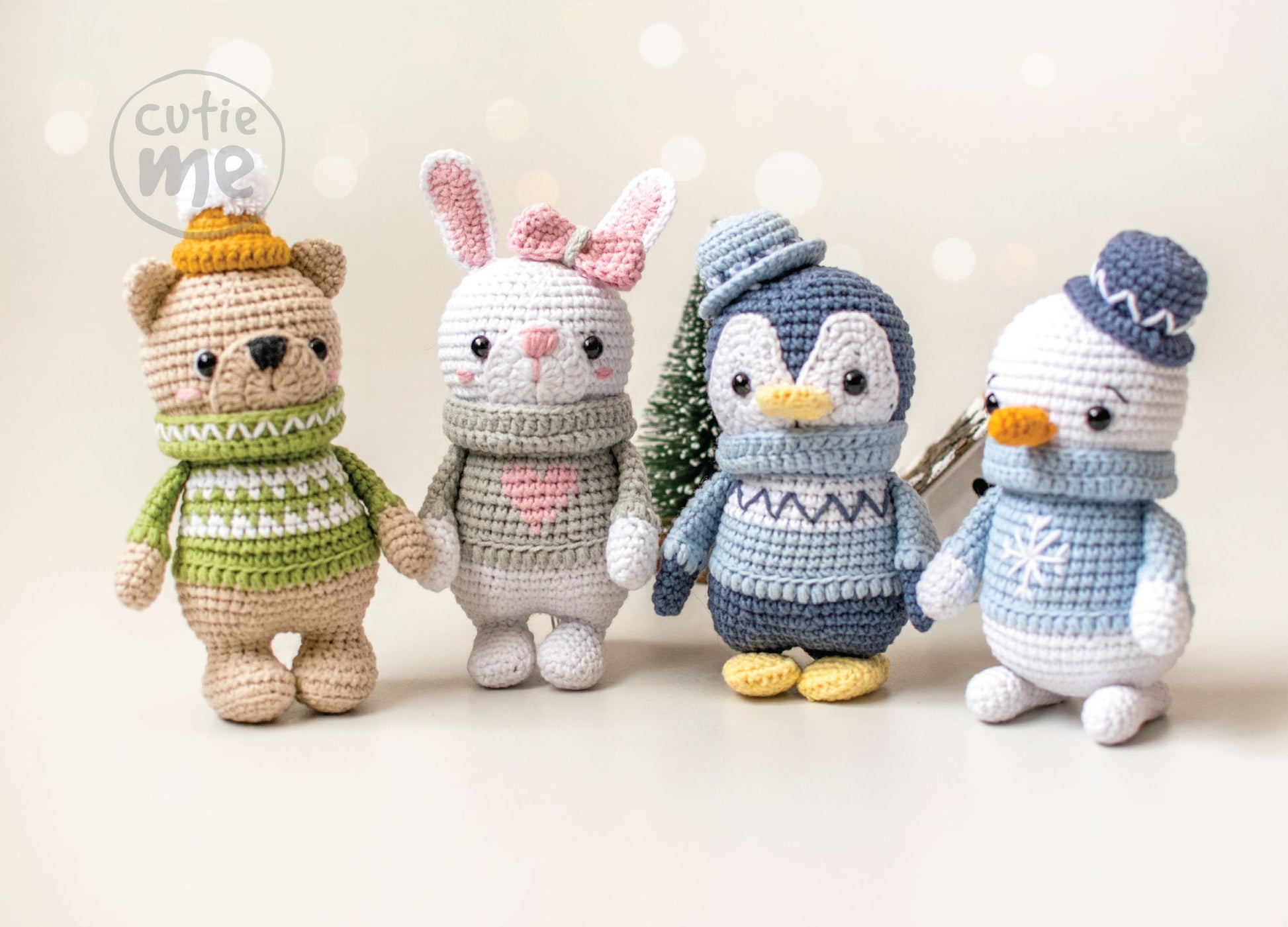 Set of 4 toys, Bear, Bunny, Penguin and Snowman Christmas amigurumi crochet toy pattern pdf